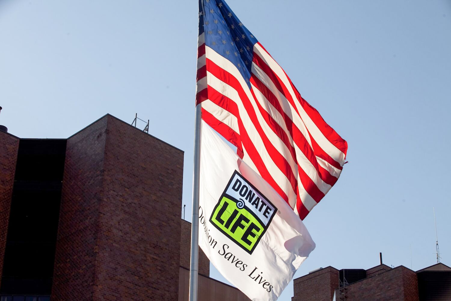 U.S. flag pictured with a Donate Life flag